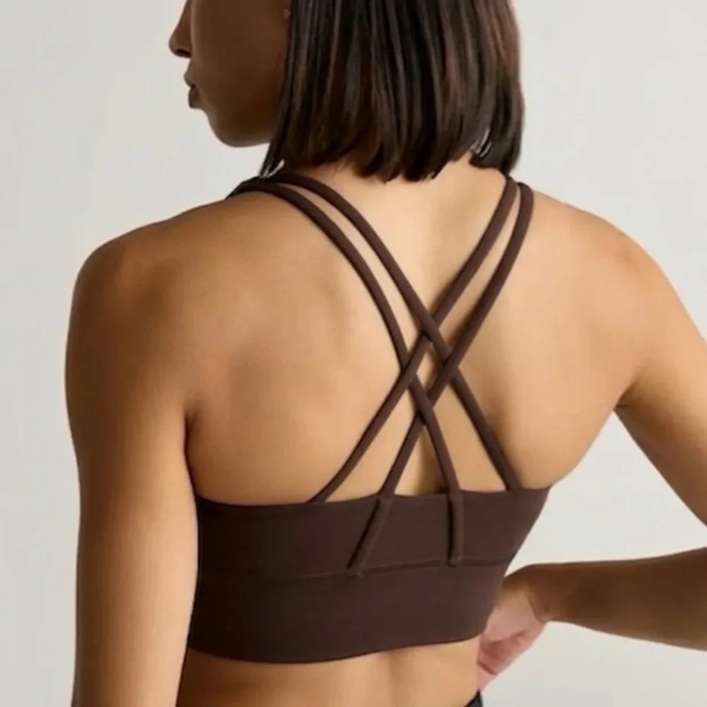 Quince Women Power-Up Long Line Strappy Sports Bra Brown Top XL Athletic